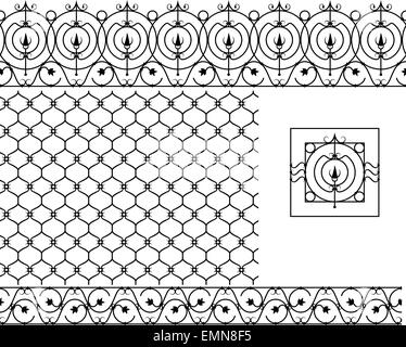 Seamless patterns set for wrought iron railing, grating, lattice, gates, fence. Black silhouette Stock Vector