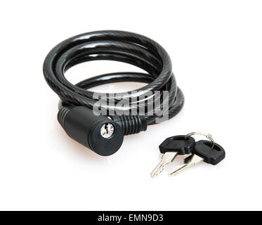 Black bicycle lock with keys on the white background. Stock Photo
