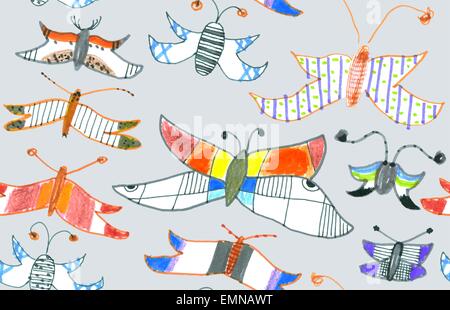 Seamless pattern of butterflies and moths. Hand-drawn style illustration Stock Vector