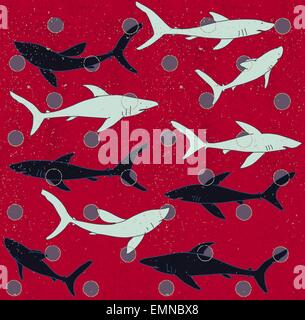 Seamless pattern of sharks over polka-dot. EPS 10 vector Stock Vector