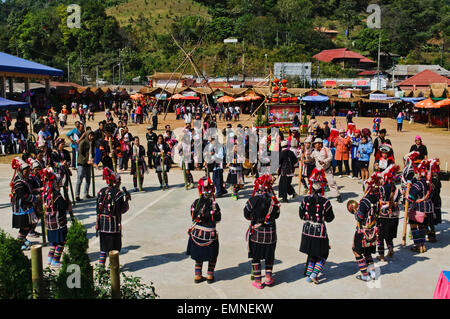 Akha Minorities dancing during a Festival in Doi Mae Salong, Thailand Stock Photo