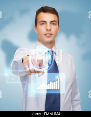 buisnessman pointing finger to virtual screen Stock Photo