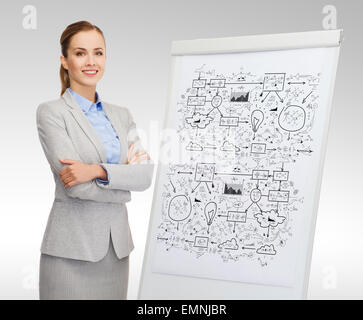 smiling businesswoman standing next to flipboard Stock Photo