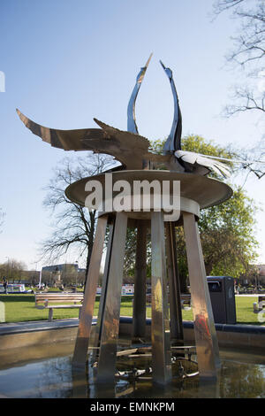 The Swan fountain in Bancroft Gardens close to the Royal Shakespeare Theatre in Stratford-upon-Avon. Stock Photo