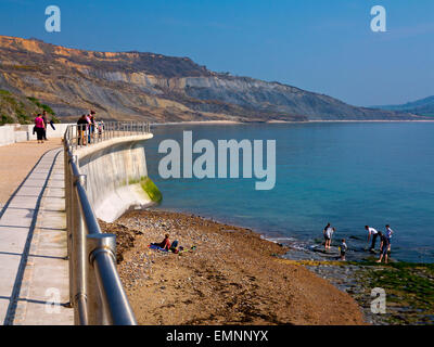 Tourists on the East Cliff coastal wall and sea defences at Lyme Regis Dorset England UK built 2014 to prevent coastal erosion Stock Photo