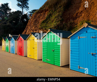 Brightly coloured painted wooden traditional beach huts on the promenade at Seaton a seaside resort in south Devon England UK Stock Photo
