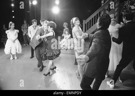Members of the cast of Grease seen here on stage at the Coventry Theatre during a dress rehearsal. The musical show set in the 1950s is touring the provinces before going into London's West End. 30th May 1973 Stock Photo