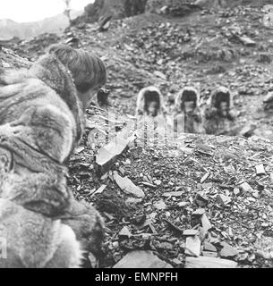 On location filming Dr Who. Actor Patrick Troughton filming in Snowdonia with the Yeti monsters. Picture taken on location filming the Dr Who serial The Abominable Snowmen, one of the episodes of the popular science fiction series that was lost by the BBC 15th September 1967. Location: Nant Ffrancon Pass Stock Photo