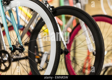 Bicycle wheels in a bike shop, close up Stock Photo