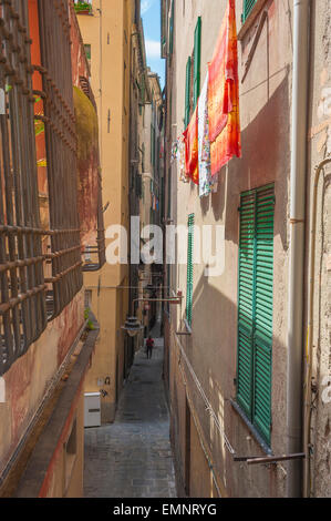 Genoa alley, view in summer of a typical narrow street in the medieval center of Genova - the Centro Storico - Liguria, Italy. Stock Photo