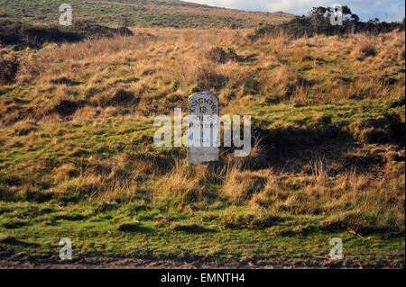 A historic milestone near Penybont on the road between Penybont and Knighton in Wales by the England border. Stock Photo