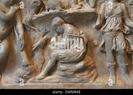 Marble sarcophagus with the myth of Endymion. Roman. Antonine period, 2nd c.AD. Detail of Endymion, a beautiful shepherd. Stock Photo