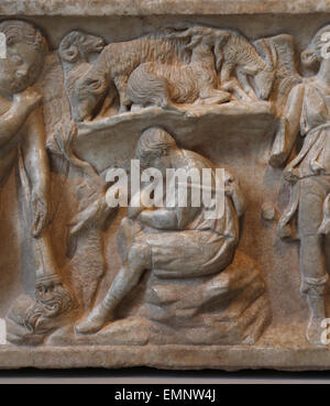 Marble sarcophagus with the myth of Endymion. Roman. Antonine period, 2nd c.AD. Detail of Endymion, a beautiful shepherd. Stock Photo