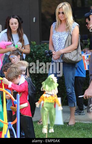 Penny Lancaster's son Aiden Stewart dresses as Dracula for a school halloween party  Featuring: Penny Lancaster,Aiden Stewart Where: Los Angeles, California, United States When: 18 Oct 2014 Stock Photo