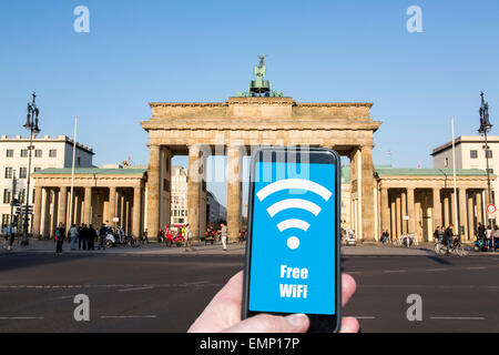 Internet connection in the city, for everyone, for free, to use with a mobile device, Berlin, Germany, Brandenburg Gate, Stock Photo