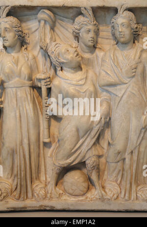 Roman sarcophagus with the contest between The Muses and the Sirens. Severan period. 3rd C. AD. Siren. Detail. Stock Photo