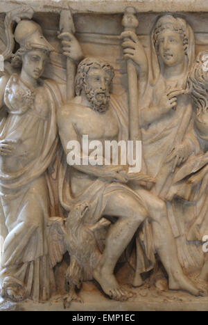 Roman sarcophagus. 3rd C. AD. Detail Athenas, Zeus and Hera. Relief. Stock Photo