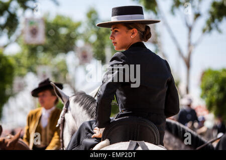 Seville, Andalucia, Spain. 22nd Apr, 2015. A horsewoman at the 'Feria de Abril' (April's Fair), Seville, Spain, 22 april, 2015. Credit:  Daniel González Acuña/Alamy Live News Stock Photo