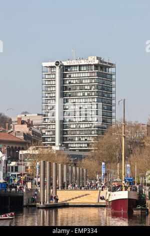 View of Colston Tower,the,slave trader,Colston,has,become,a,controversial,figure from Harbourside, with cascading waterfall feature, Bristol,Englan,UK Stock Photo