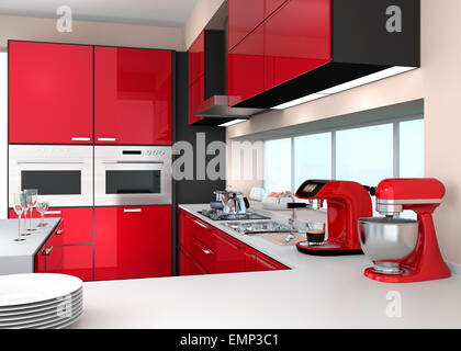 Modern kitchen interior with stylish coffee maker, food mixer. Stock Photo
