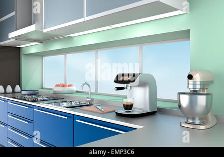 Modern kitchen interior with stylish coffee maker, food mixer. Stock Photo