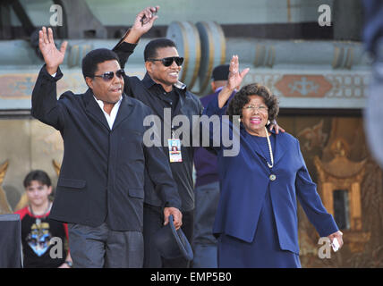 LOS ANGELES, CA - JANUARY 26, 2012: Michael Jackson's mother Katherine Jackson & sons Tito Jackson & Jackie Jackson at the memorial celebration for Michael Jackson at Grauman's Chinese Theatre. Cirque du Soleil's new show 'Michael Jackson THE IMMORTAL World Tour' premieres in Los Angeles tomorrow. January 26, 2012 Los Angeles, CA Stock Photo