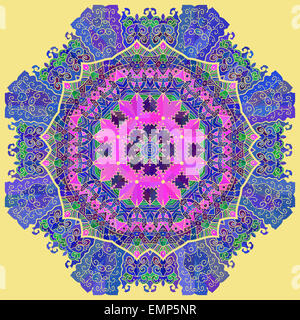 Oriental mandala motif round lase pattern background, like snowflake or mehndi paint on yellow Stock Photo