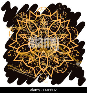 Oriental mandala motif round lase pattern on the black background, like snowflake or mehndi paint in light color with watercolor Stock Photo