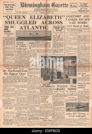 1940 front page Birmingham Gazette Liner Queen Elizabeth smuggled across Atlantic Stock Photo