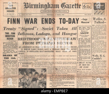 1940 front page Birmingham Gazette Peace pact announced by Russia Finland Stock Photo