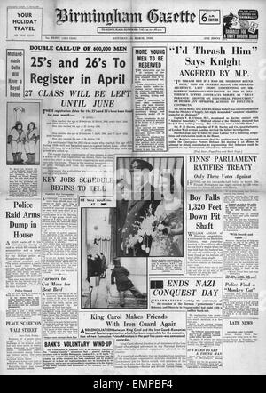 1940 front page Birmingham Gazette Call Up of 25 26 year old's Stock Photo