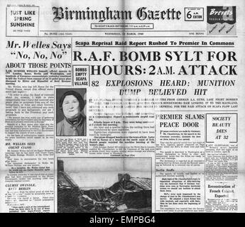 1940 front page  Birmingham Gazette RAF Bomb German Island of Sylt Stock Photo