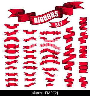 Big Red Ribbons Set, Isolated On White Background Stock Photo