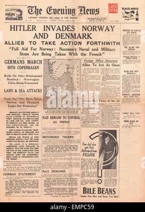 1940 front page Evening News (London) Germany invades Norway Denmark Stock Photo