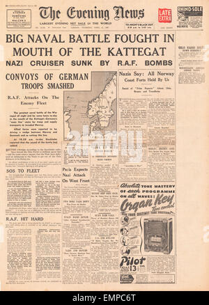 1940 front page Evening News (London)  Naval battles at the mouth of the Kattegat Stock Photo