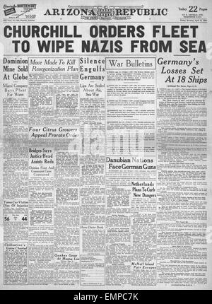 1940 front page Arizona Republic Chuchill demands victory in Norway Stock Photo