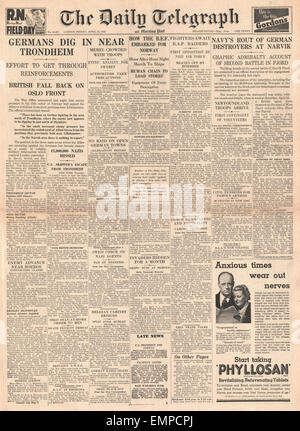 1940 front page  Daily Telegraph Battle For Norway Stock Photo