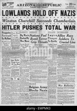 1940 front page Arizona Republic German Army invade Holland, Belgium Luxemborg Winston Churchill is named new Prime Stock Photo