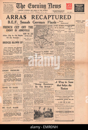 1940 front page Evening News (London) French troops recapture Arras Stock Photo