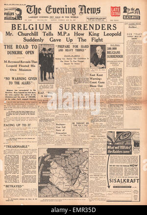 1940 front page Evening News (London) Belgium surrenders Stock Photo