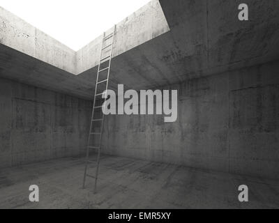 Metal ladder goes to the light out from the dark concrete interior, 3d render illustration Stock Photo