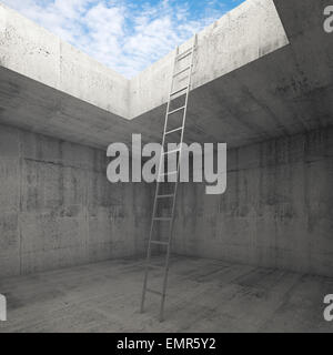 Metal ladder goes to the sky out from the concrete interior, 3d illustration, square composition Stock Photo