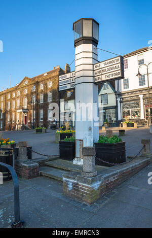 Bury St Edmunds traffic sign, view of the 'Pillar Of Salt' traffic sign on Angel Hill in Bury St Edmunds,designed by architect Basil Oliver, England Stock Photo