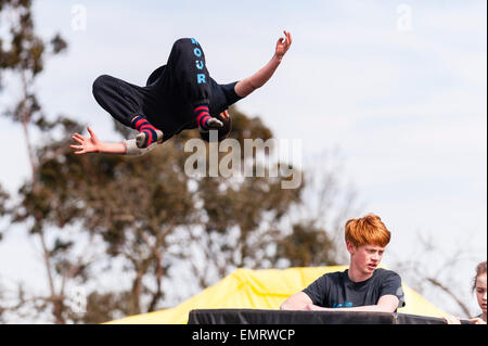 A Free runner demonstrating Parkour at Framlingham Country Show in Framlingham , Suffolk , England , Britain , Uk Stock Photo