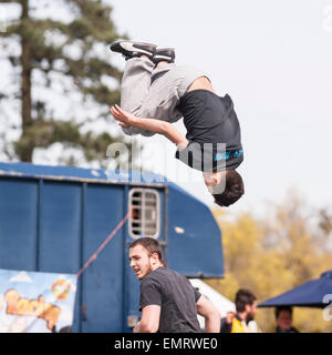 A Free runner demonstrating Parkour at Framlingham Country Show in Framlingham , Suffolk , England , Britain , Uk Stock Photo