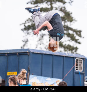 A Free runner demonstrating Parkour at Framlingham Country Show in Framlingham , Suffolk , England , Britain , Uk Stock Photo