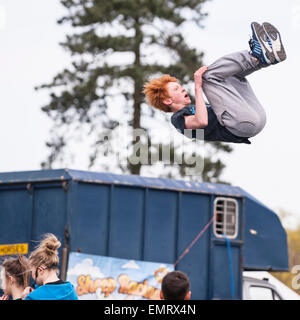 A Free runner demonstrating Parkour at Framlingham Country Show in Framlingham , Suffolk , England , Britain , Uk Stock Photo