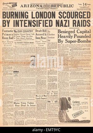 1940 front page Arizona Republic Massive Luftwaffe bombing raid on London Stock Photo