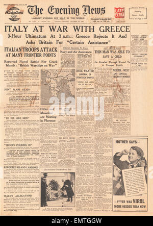 1940 front page Evening News Italy at War with Greece Stock Photo