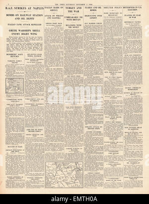 1940 page 4 The Times Italians launch big attack in Greece RAF bombing raids on Naples Stock Photo